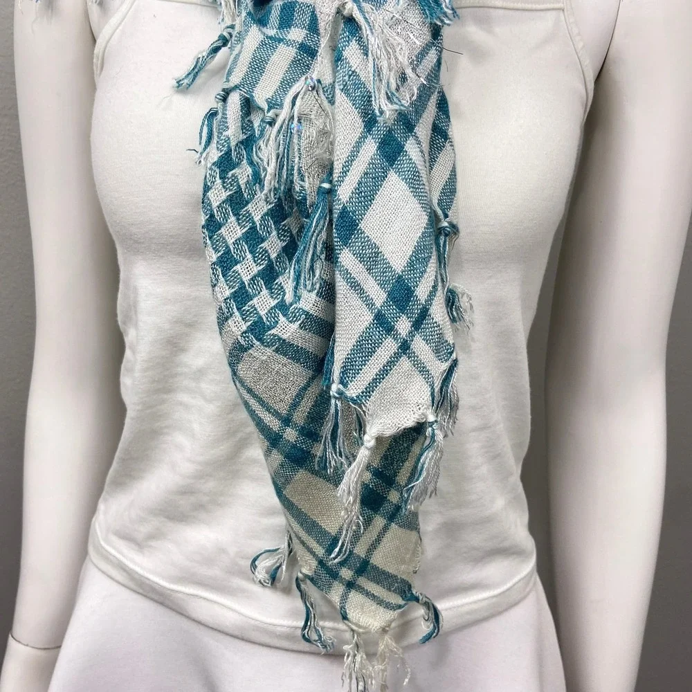 Plaid Fringe Scarf Blue‎ White Shawl Y2K Indie Sleaze Euro Summer Picnic Wrap